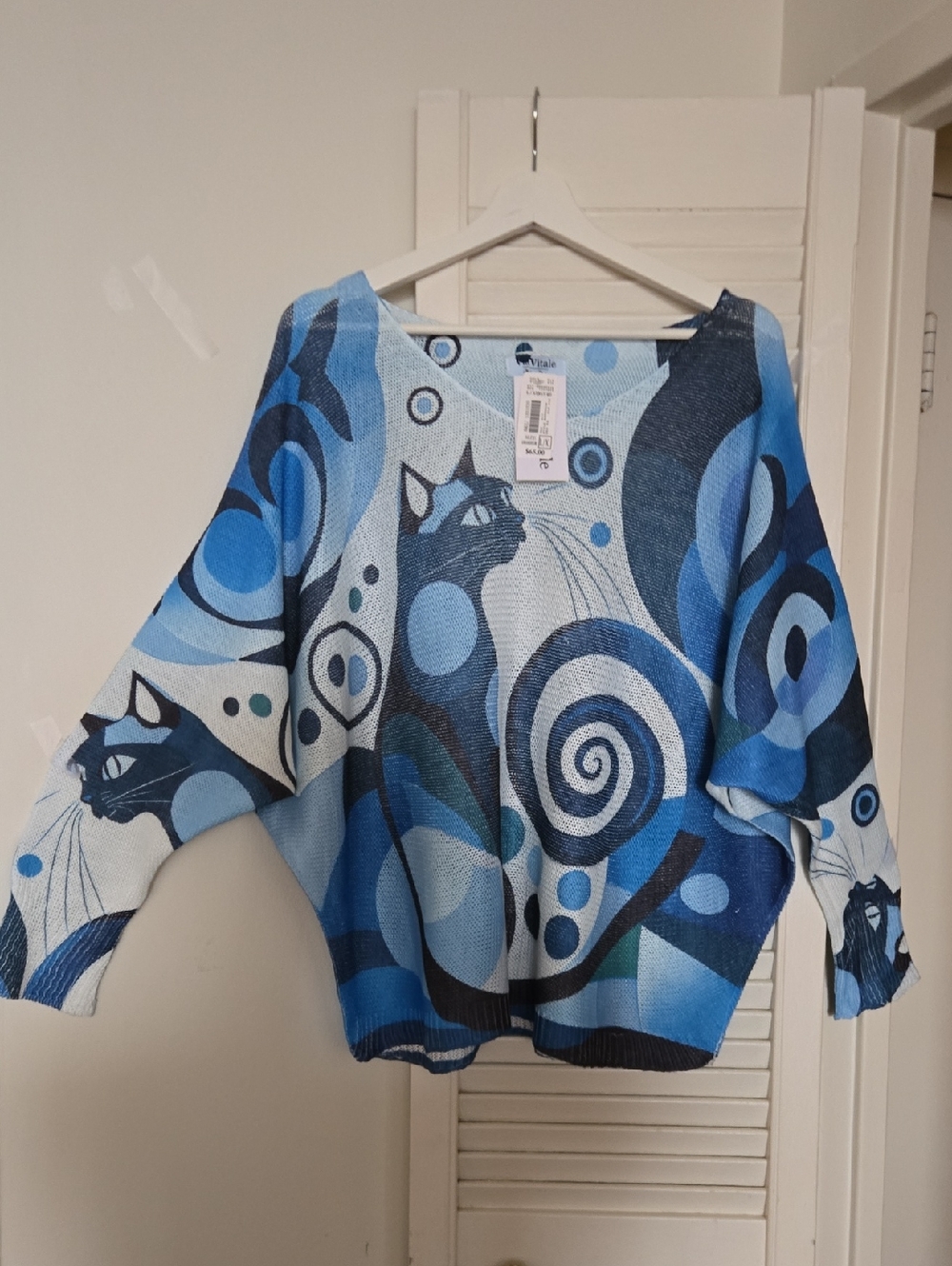 Via Vitale Made Italy Blue Cat-Print Scoop Neck Sweater Size XL FITS US 14-16-18
